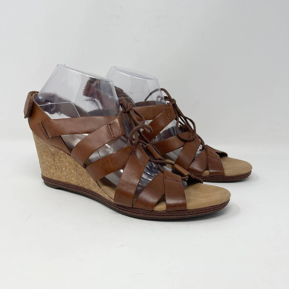 Clarks Helio Mindin Sandals Wms 10 Brown Leather Lace Up Cork Wedge Cushion
